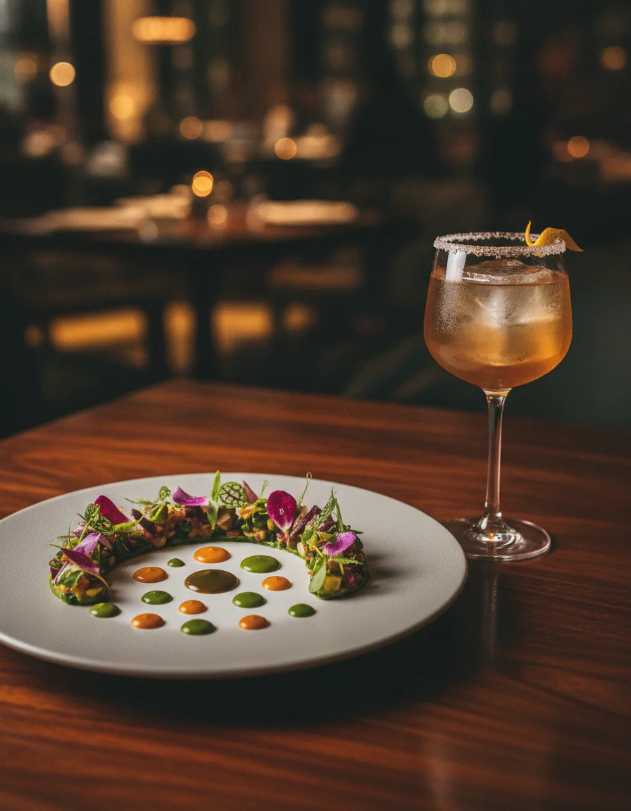 A side-by-side style shot showing a beautifully plated appetizer at Paste Bangkok next to a signature cocktail — the presentation is precise and artistic