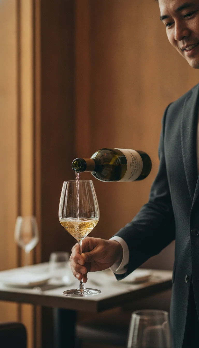 A photograph of a sommelier pouring a white wine into a crystal glass at a table in Paste Bangkok — the wine bottle label is visible, and the background shows the elegant dining room