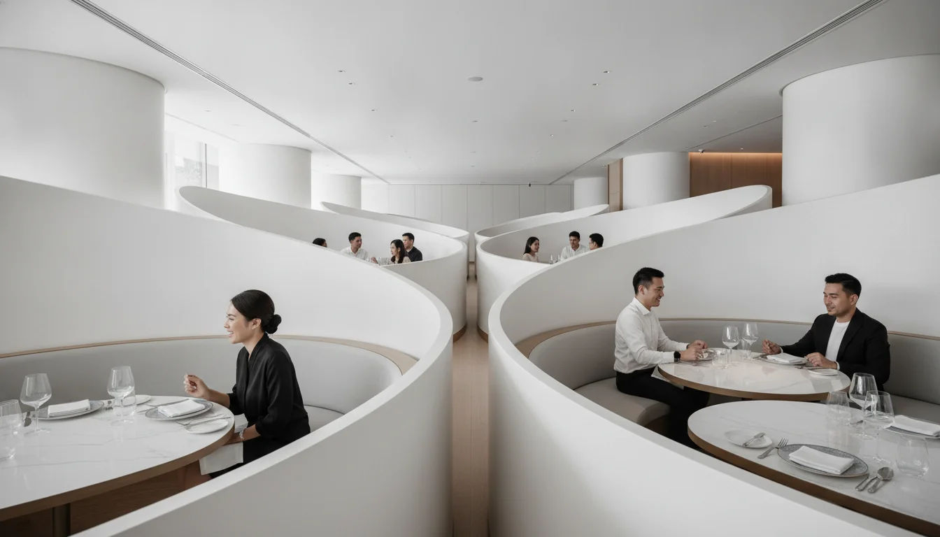 An interior shot focusing on the curved white partitions and the minimalist table settings at Paste Bangkok — the lighting is bright and airy, reflecting off the polished surfaces