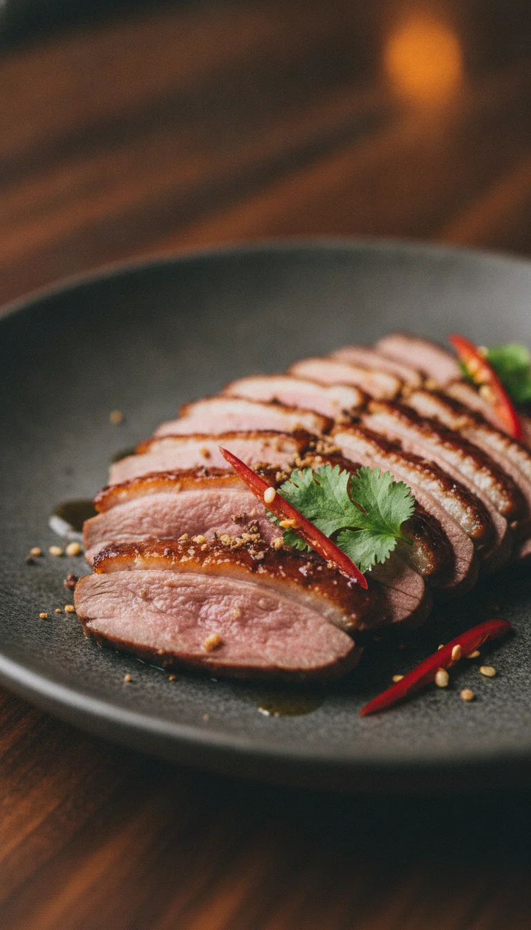 A close-up, high-detail food photograph of the roasted duck with nutmeg and coriander at Paste Bangkok — the duck is thinly sliced and garnished with fresh green herbs and red chillies
