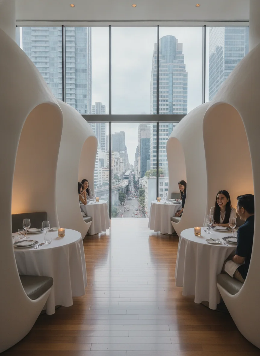 A wide interior shot of Paste Bangkok's dining room at Gaysorn Centre, Thailand — showing the floor-to-ceiling windows, the white "Silk Cocoon" seating sculpture, and the view of the Ratchaprasong intersection outside