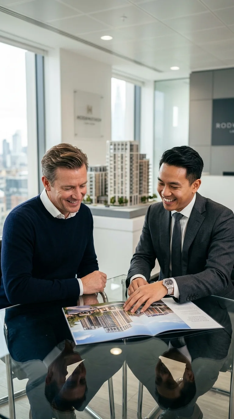 A UK property buyer and a sales agent A UK property buyer and a sales agent