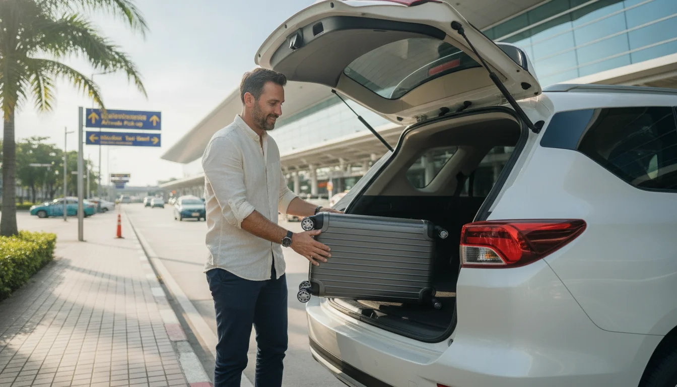 Traveler loading a modern white SUV taxi Traveler loading a modern white SUV taxi