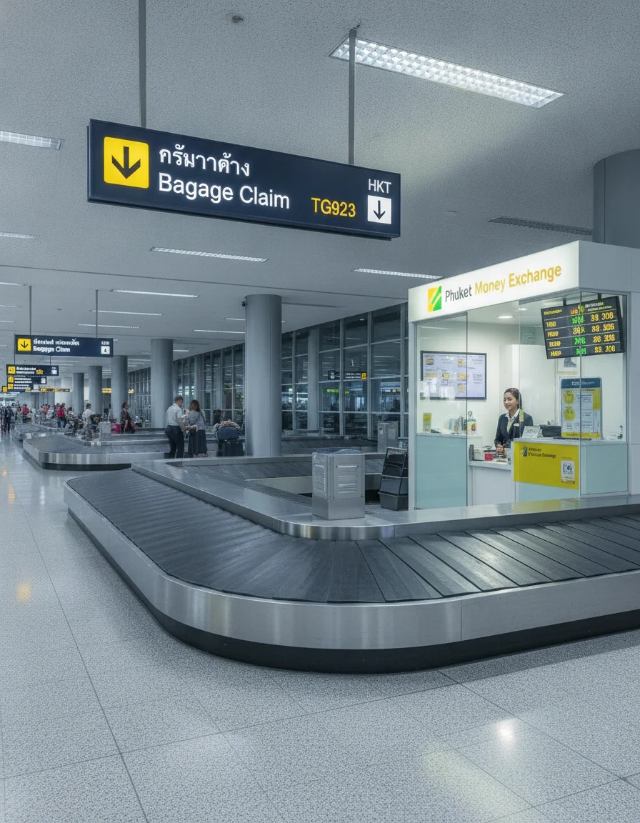 Phuket International Airport (HKT) baggage carousel signage and currency exchange booths Phuket International Airport (HKT) baggage carousel signage and currency exchange booths