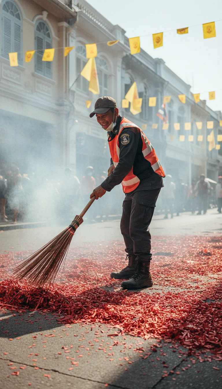 A safety officer sweeping red firecracker paper off a concrete street in Phuket Town, with smoke still rising from the ground and colourful yellow flags visible in the background
