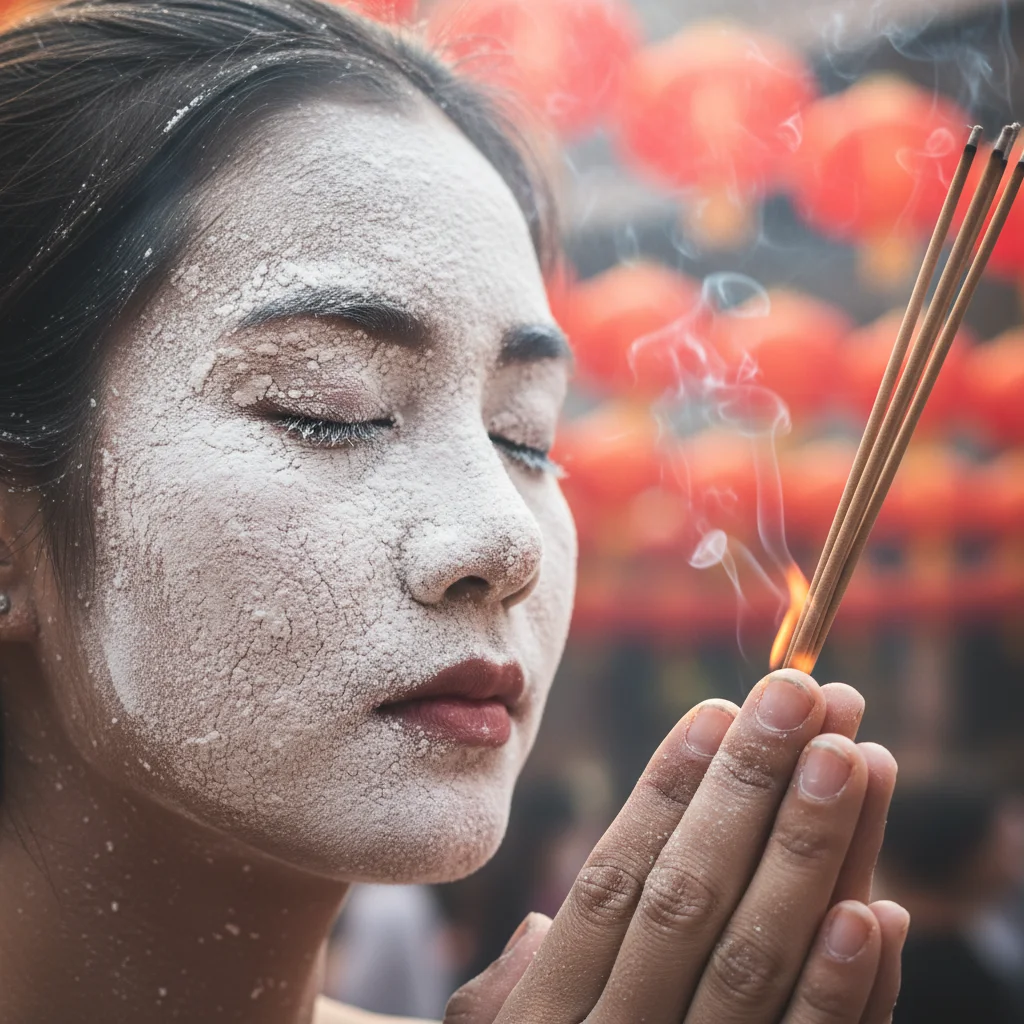A close-up detail shot of a worshipper's face covered in white powder, holding incense sticks with eyes closed in prayer, set against a background of red Chinese lanterns and curling incense smoke