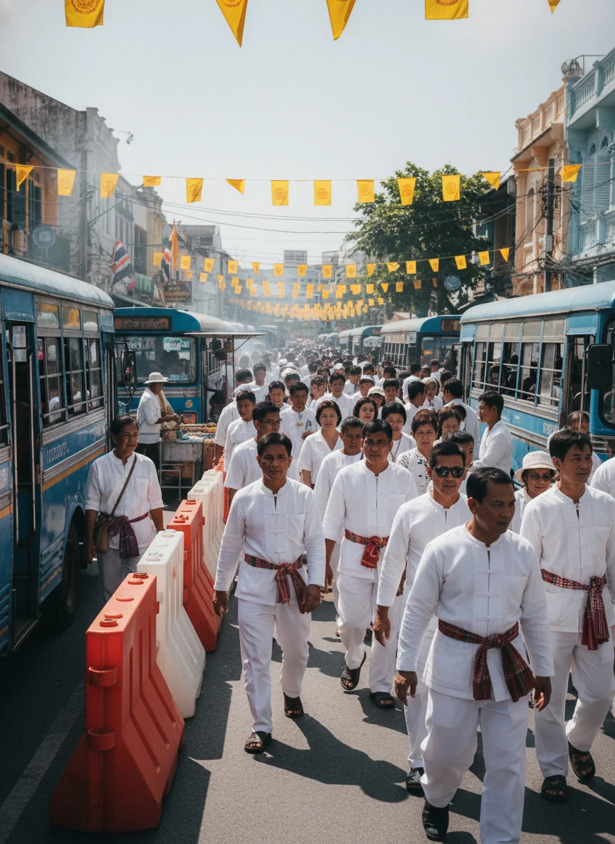 The busy entrance of Ranong Road in Phuket Town, showing traffic barricades, local blue wooden songthaew buses parked along the kerb, and hundreds of pedestrians dressed in white walking past rows of yellow-flagged food stalls