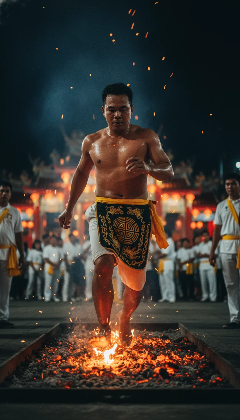 An action shot of a Ma Song medium running barefoot across a glowing bed of burning charcoal embers at the Bang Neow Shrine courtyard, with sparks flying upward, surrounded by a crowd of onlookers dressed in white and shrine assistants guiding the ritual