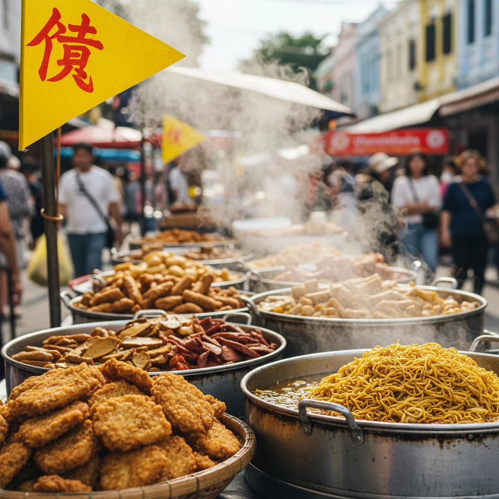 A close-up shot of a street food stall along Ranong Road, showing large metal steaming trays filled with deep-fried taro cakes, yellow noodles, and mock meats, with a bright yellow flag bearing the red Chinese character 'Jay' hanging prominently from the stall roof