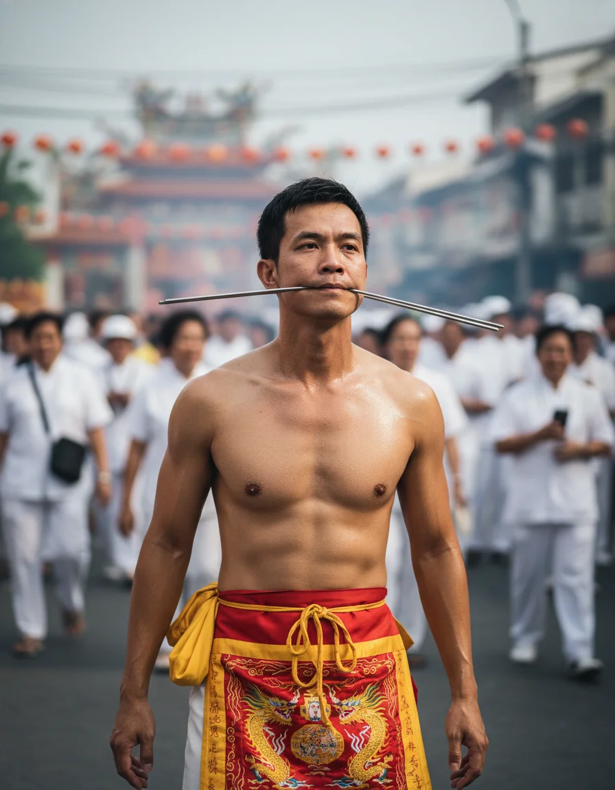 A Ma Song spirit medium in a trance state during a morning procession, with cheeks pierced by clean metal skewers, wearing a traditional embroidered Chinese apron, walking through a crowd of onlookers dressed in white