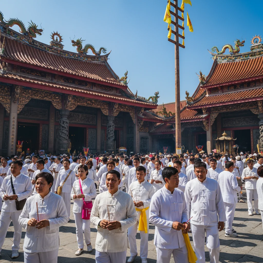 The exterior of Jui Tui Shrine in Phuket Town during the day, showing the ornate red and gold Chinese architecture, the tall timber Go Teng pole erected in the courtyard, yellow festival flags fluttering in the breeze, and crowds of worshippers dressed entirely in white gathering around the main entrance