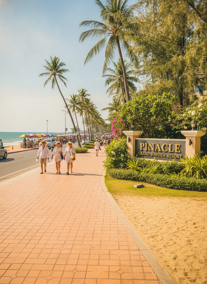 Jomtien Beach Road and Pinnacle Grand Jomtien Resort Entrance