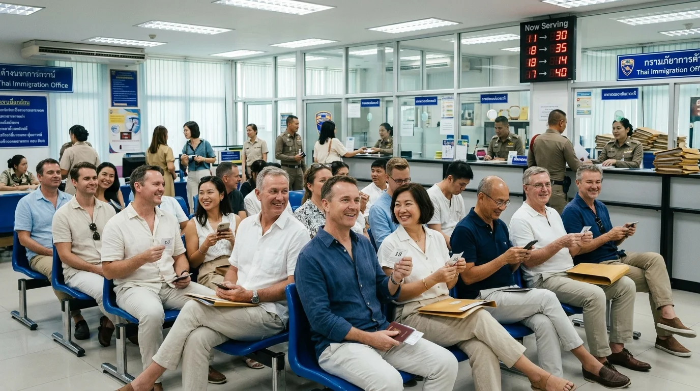 A diverse group of expats in a waiting area A diverse group of expats in a waiting area