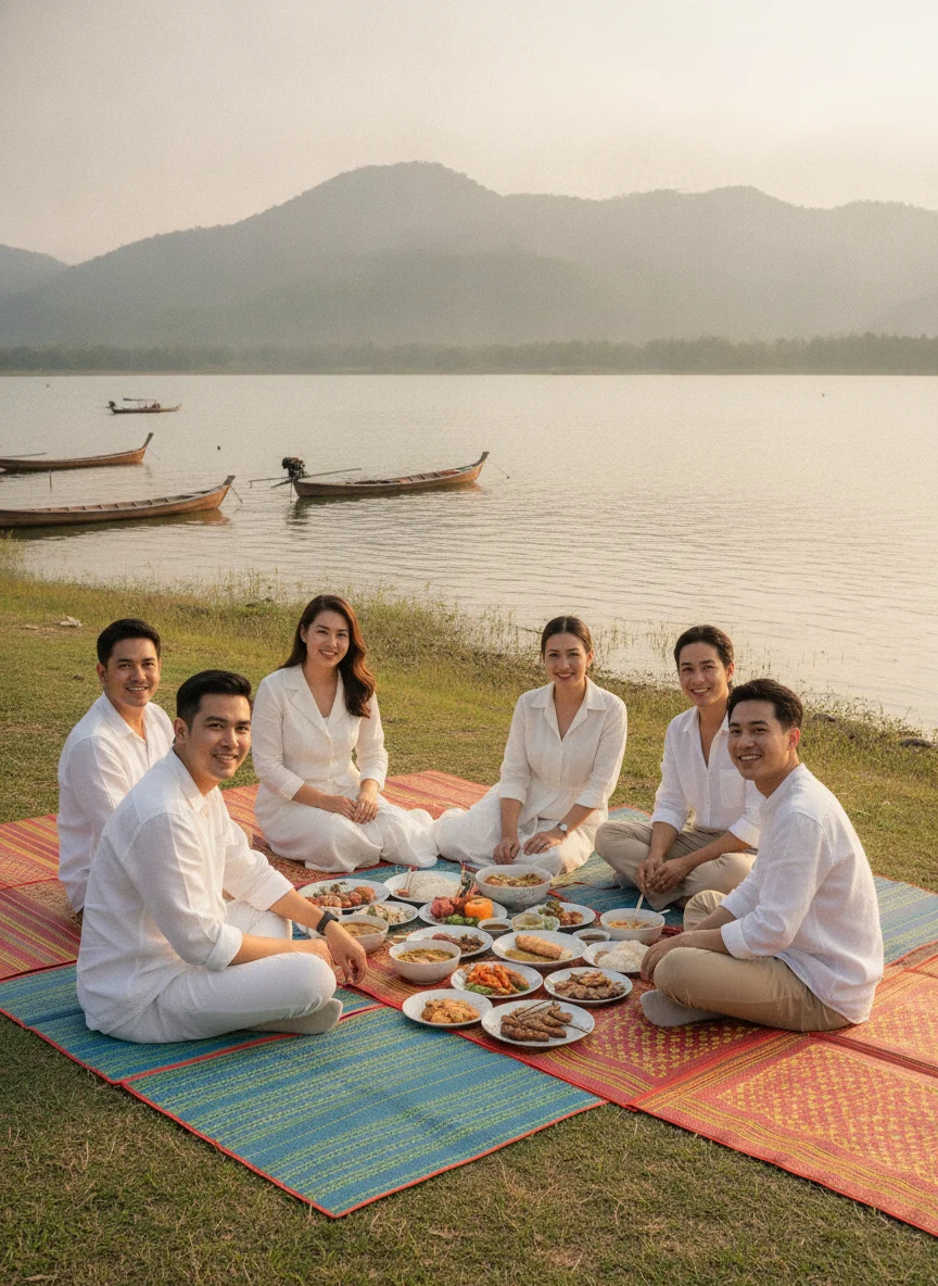 A group of local Thai people enjoying a picnic near the edge of the Pran Buri Reservoir, with colourful mats laid out and food being shared. In the background, a few small fishing boats are visible on the calm water, and the surrounding hills are softly illuminated by the afternoon sun.