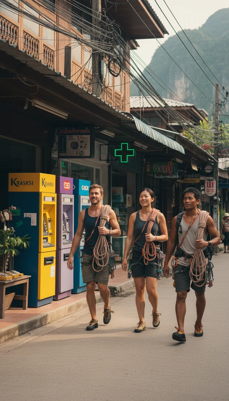 a practical or atmospheric scene at or near Railay Beach Krabi — A row of ATMs and a small pharmacy on the Railay East walking street, with climbers carrying ropes walking past