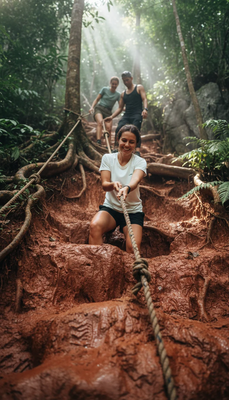 a detail shot of a standout feature, room, facility, or experience at Railay Beach Krabi — The steep, red-clay path leading up to the Railay Viewpoint, with ropes tied to trees to assist climbers