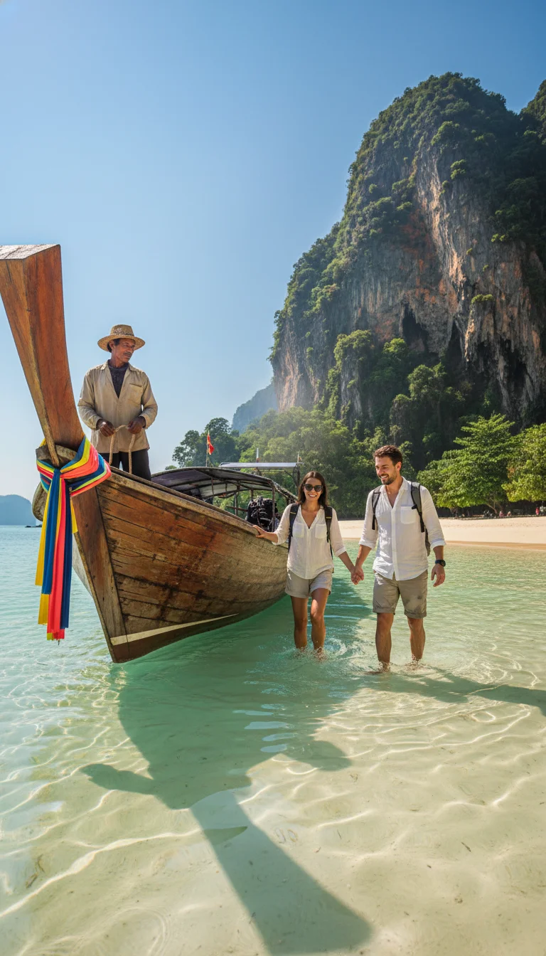 the approach, entrance, or surrounding area of Railay Beach Krabi — A longtail boat approaching the shoreline of Railay West, with passengers stepping off into calf-deep water while the boatman holds the colourful ribbons on the prow