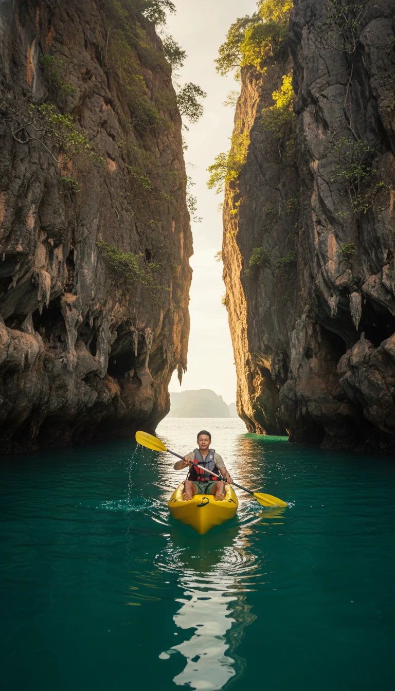 atmospheric shot showing the best feature or experience at Railay Beach Krabi — A person in a yellow sea kayak paddling through a narrow gap between two towering limestone karsts in the emerald waters off the coast of Railay, with the sunlight hitting the textured rock face