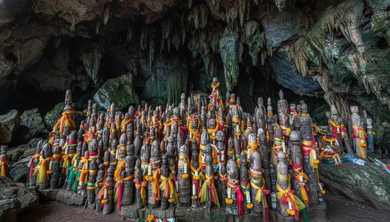 an interior or experiential shot showing the reality of this section's subject at Railay Beach Krabi — The interior of the Phra Nang Princess Cave, showing the stalactites hanging from the ceiling and the central shrine filled with hundreds of carved wooden lingams of various sizes and colours, adorned with flower garlands