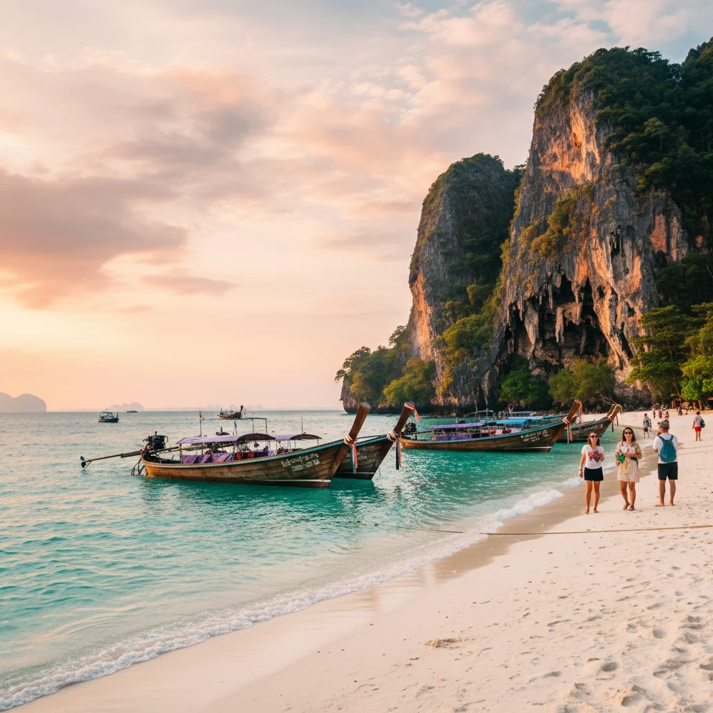 specific exterior or establishing shot of Railay Beach Krabi at Krabi, Thailand — A wide-angle view of Railay West at sunset, showing the broad crescent of white sand, several longtail boats moored in the shallow turquoise water, and the massive, vertical limestone cliffs that hem in the beach on both sides