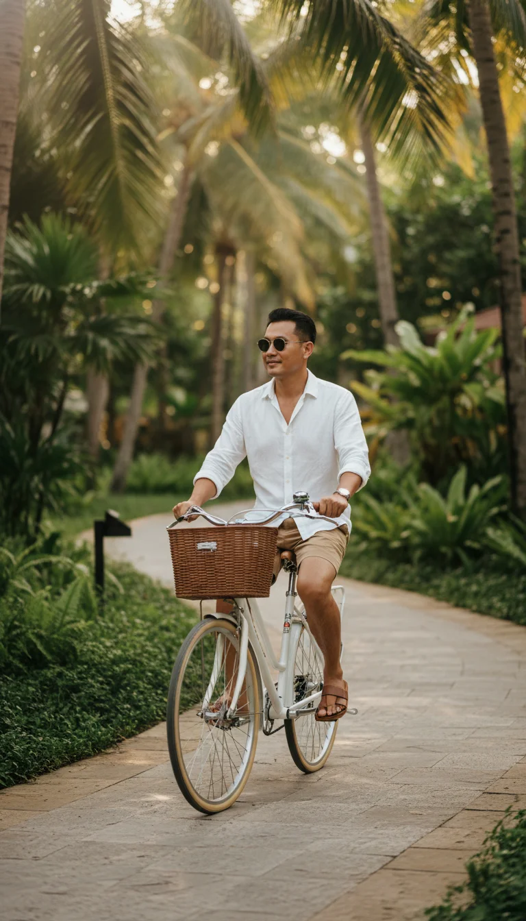 A guest cycling on one of the resort's white bicycles along a paved path lined with tropical ferns and palm trees