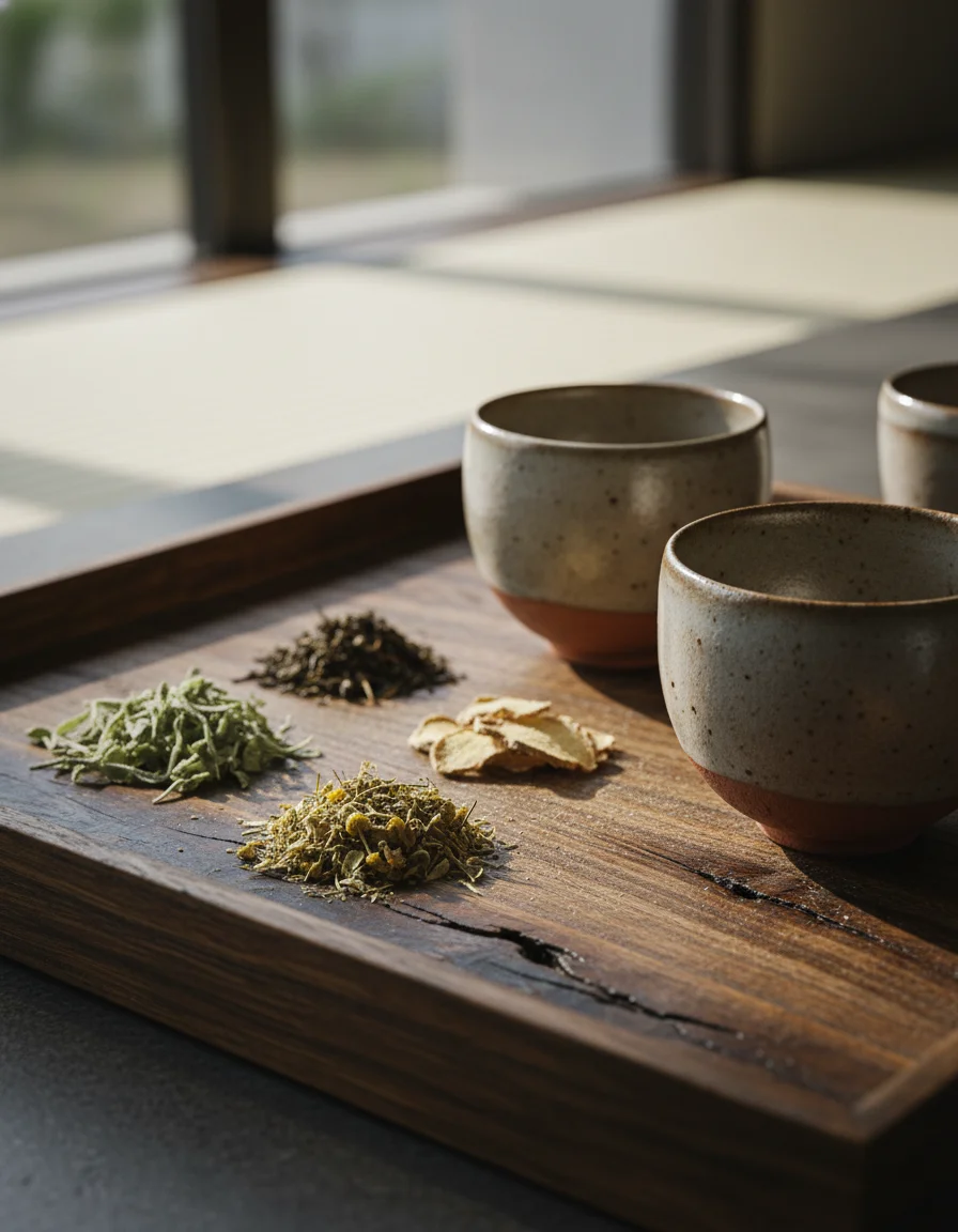 A detailed shot of the RAKxa tea ceremony set, featuring handcrafted ceramic cups and a selection of dried medicinal herbs on a wooden tray