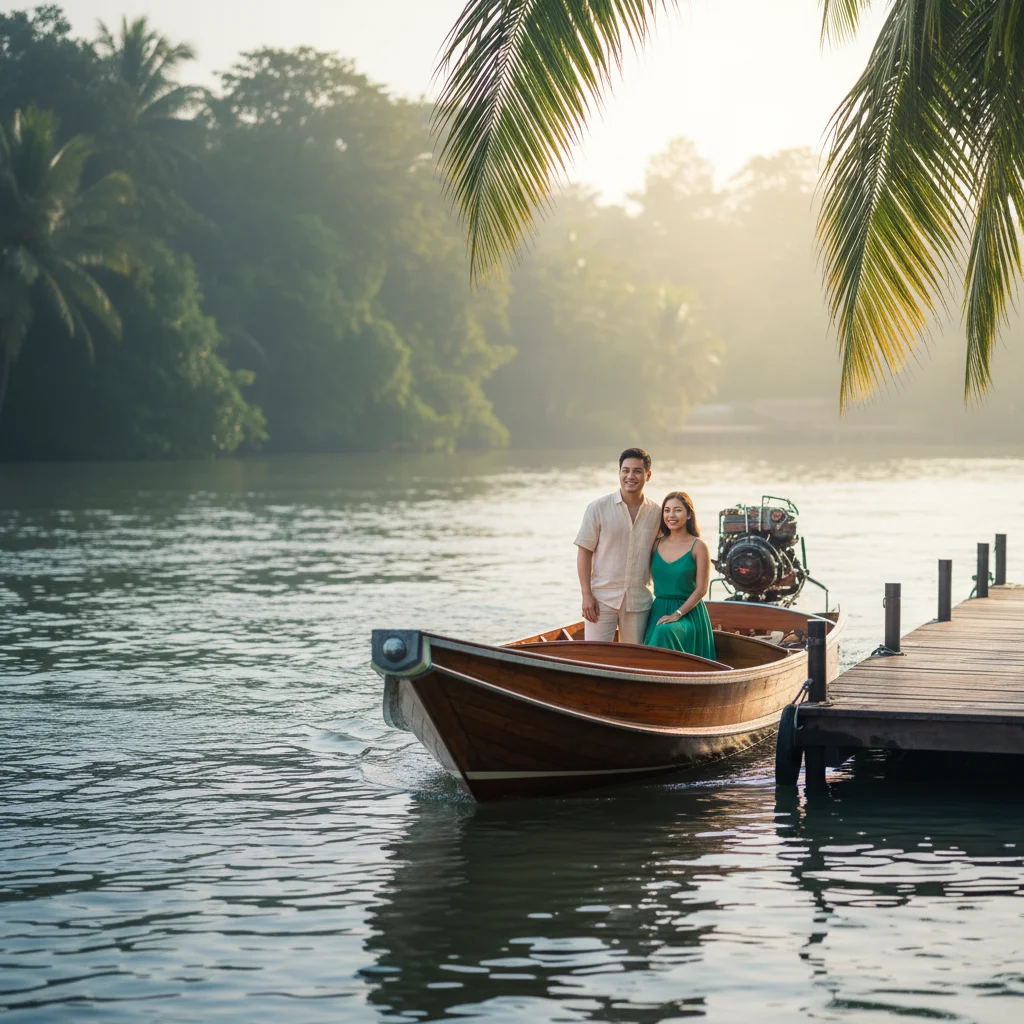 The private pier at RAKxa Integrative Wellness on the Chao Phraya River, showing a sleek wooden longtail boat arriving at the dock with the lush greenery of Bang Krachao in the background