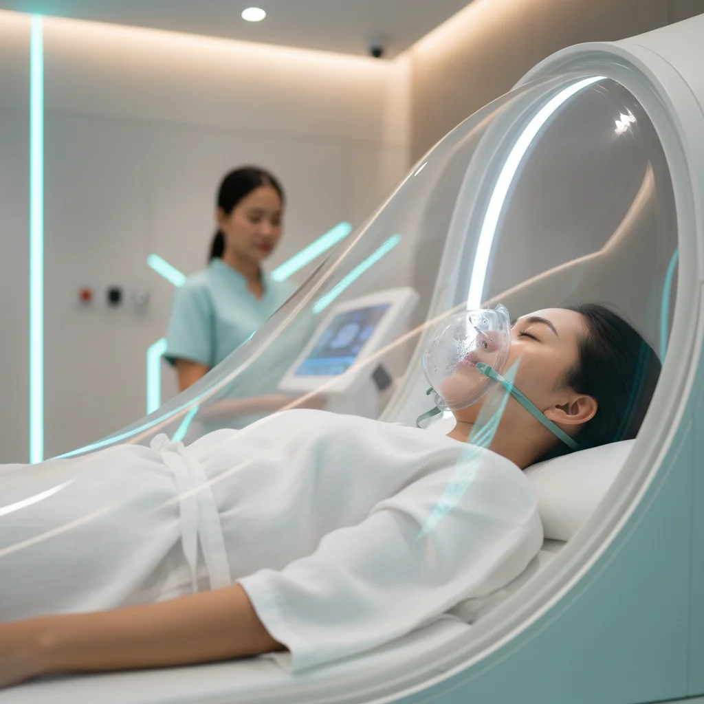 A close-up of a guest inside a transparent Hyperbaric Oxygen Therapy chamber at RAKxa, looking relaxed while wearing an oxygen mask, with a technician monitoring the control panel nearby