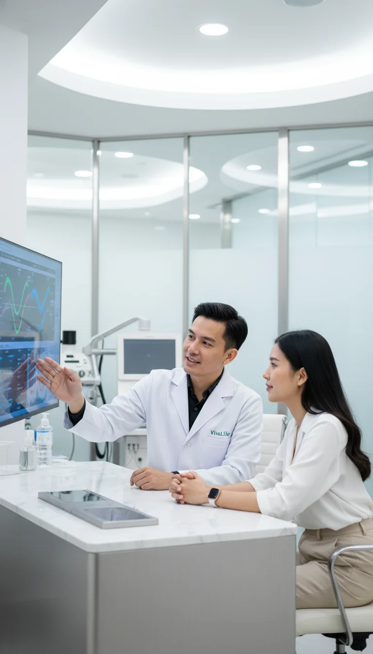 A bright, clinical interior of the VitalLife Scientific Wellness Clinic showing a guest undergoing a consultation with a doctor in a white coat, with advanced medical monitors and blood analysis equipment visible in the background