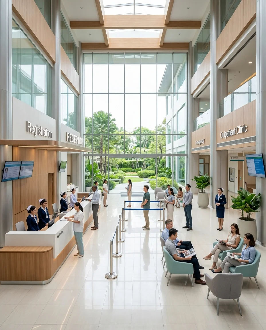 Modern international hospital reception lobby Modern international hospital reception lobby