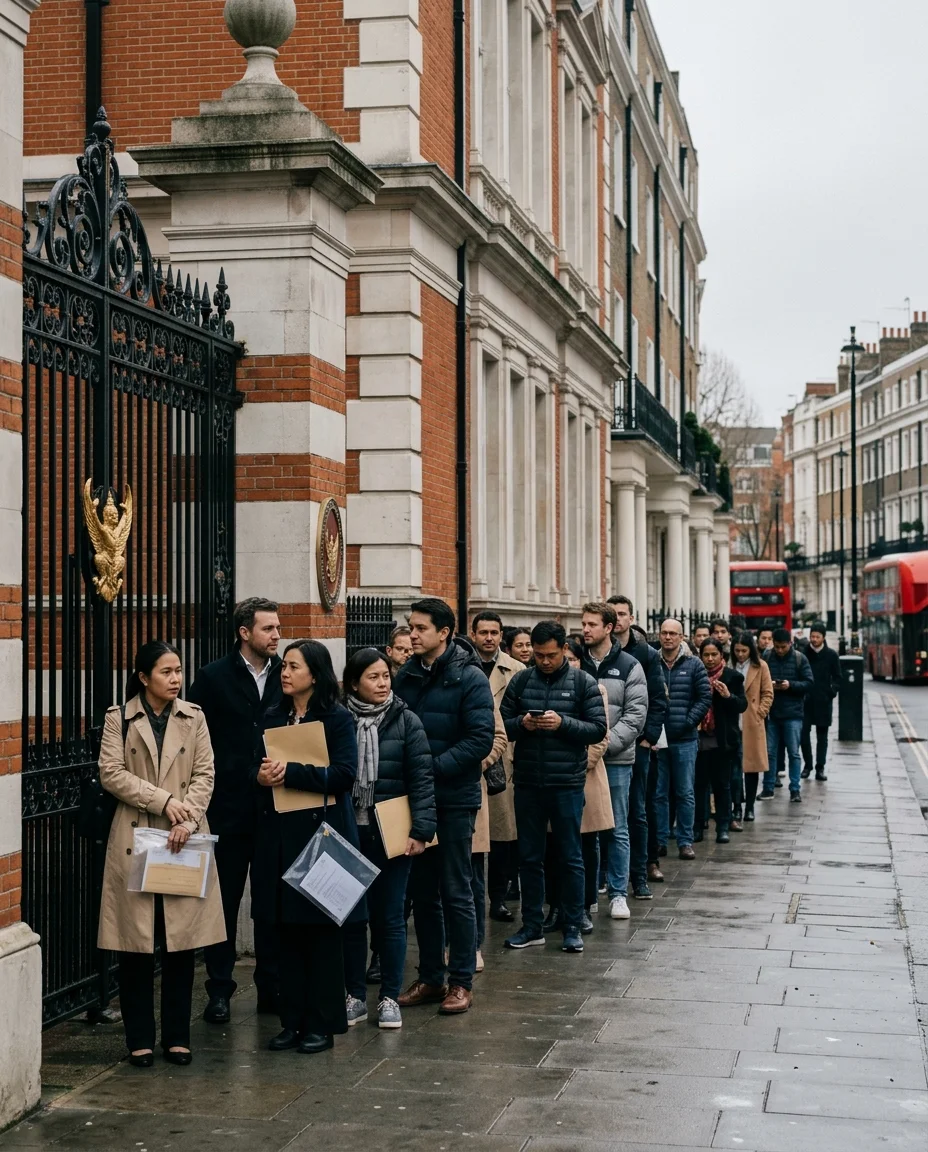 Royal Thai Embassy exterior and applicant queue Royal Thai Embassy exterior and applicant queue