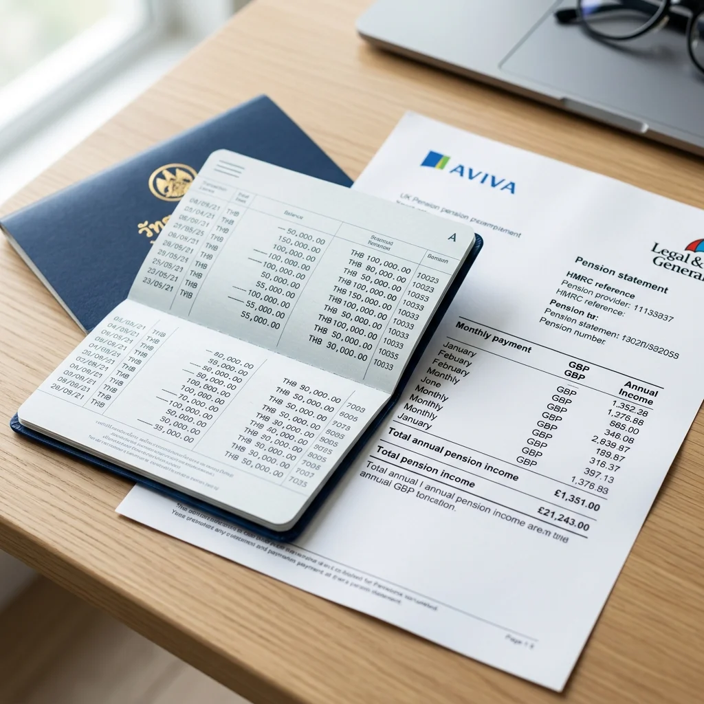 Thai bank passbook and UK pension statement Thai bank passbook and UK pension statement