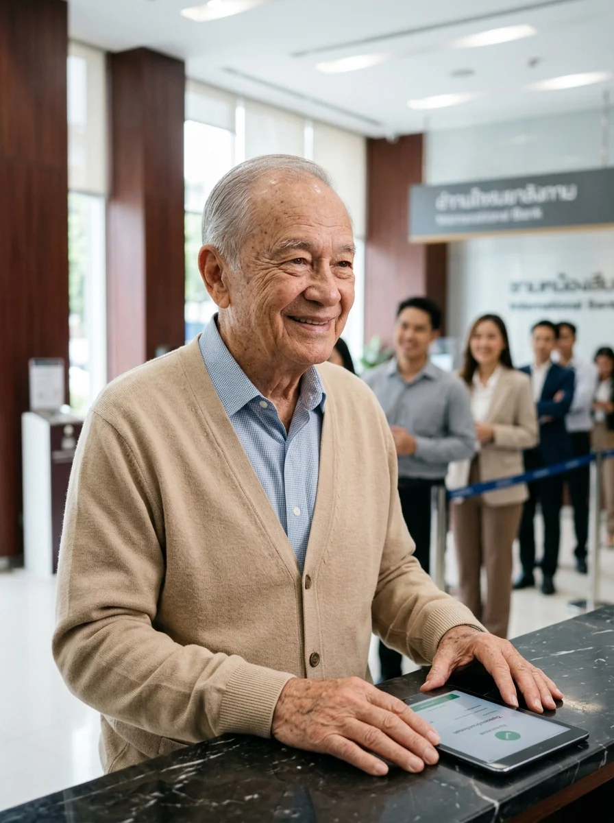 elderly man at bank counter elderly man at bank counter