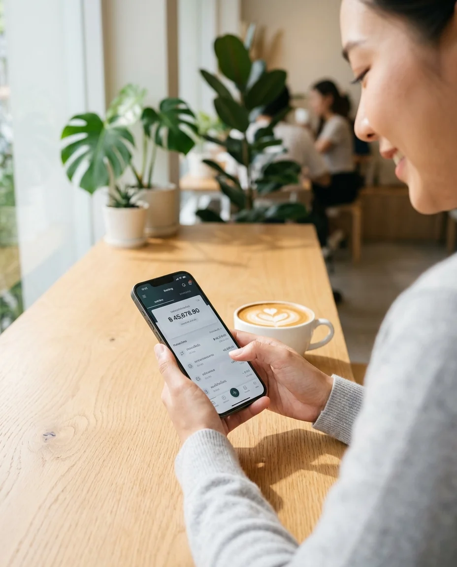 Hands holding a smartphone with a banking app Hands holding a smartphone with a banking app