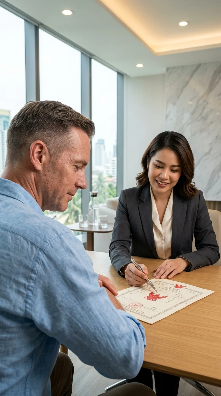 A buyer and a property manager reviewing a Thai Chanote A buyer and a property manager reviewing a Thai Chanote