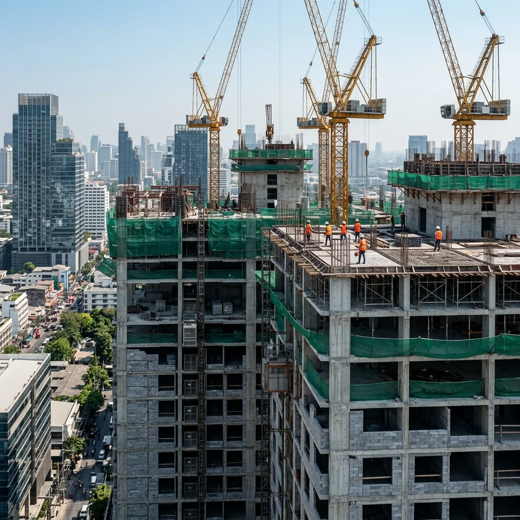 Dense high-rise apartment development under construction Dense high-rise apartment development under construction