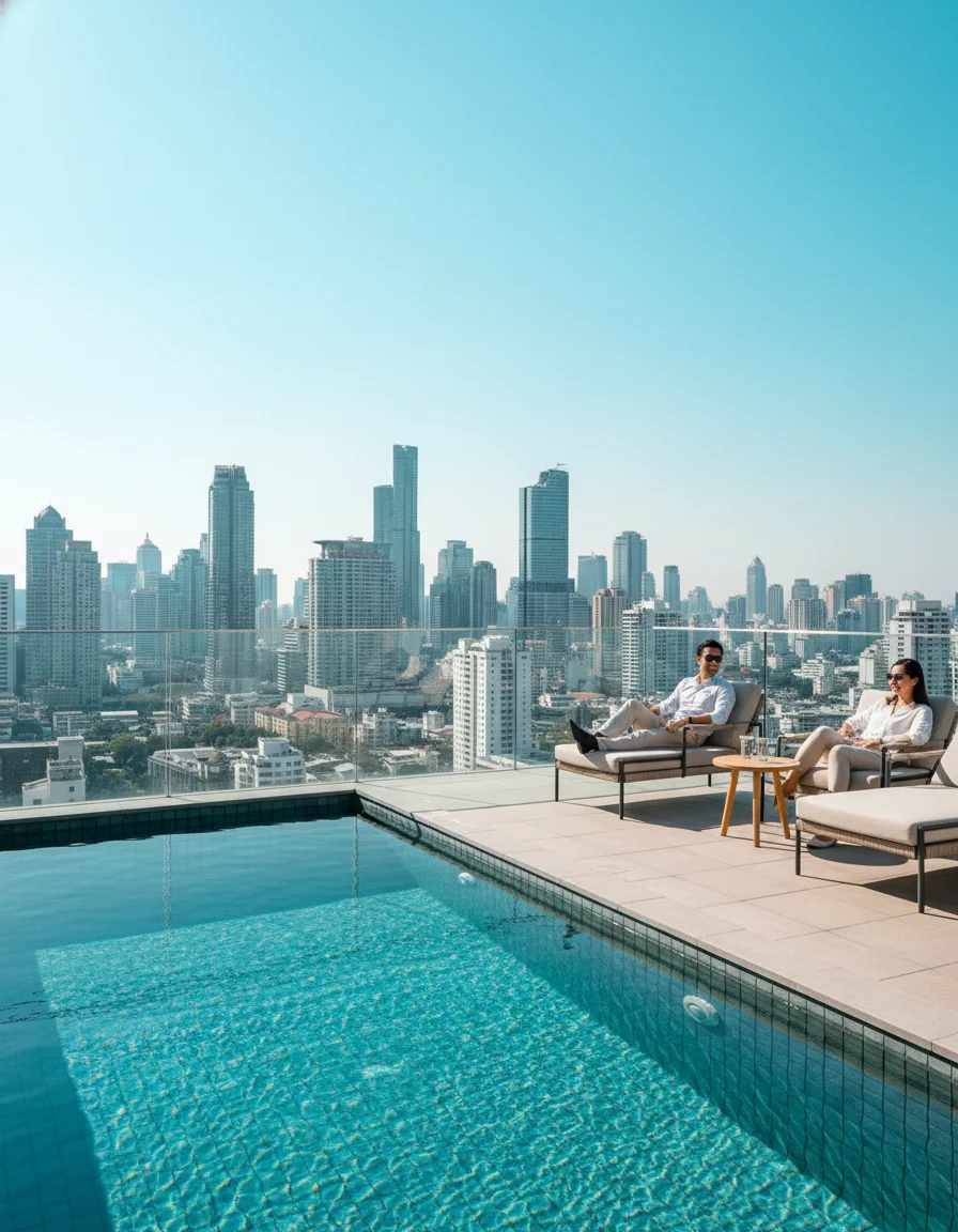 A detailed shot of the Nara House private plunge pool, showing the turquoise water, the outdoor lounge furniture, and the glass safety railing that overlooks the skyscrapers of central Bangkok