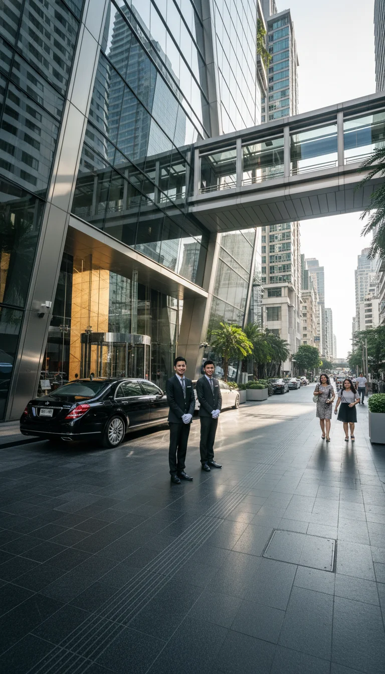 The street-level entrance of Rosewood Bangkok on Phloen Chit Road, showing the sleek glass facade, the valet area with luxury cars, and the direct glass-enclosed walkway connecting the hotel to the BTS Ploenchit Skytrain station