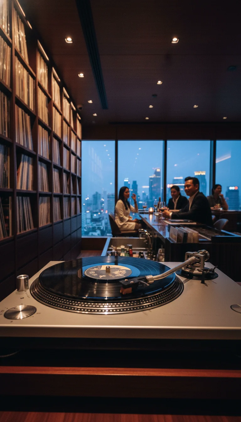 An atmospheric shot of the 30th-floor Lennon’s Bar, showing the dark wood shelving filled with thousands of vinyl records, a vintage record player in the foreground, and the sparkling night lights of Bangkok through the large windows