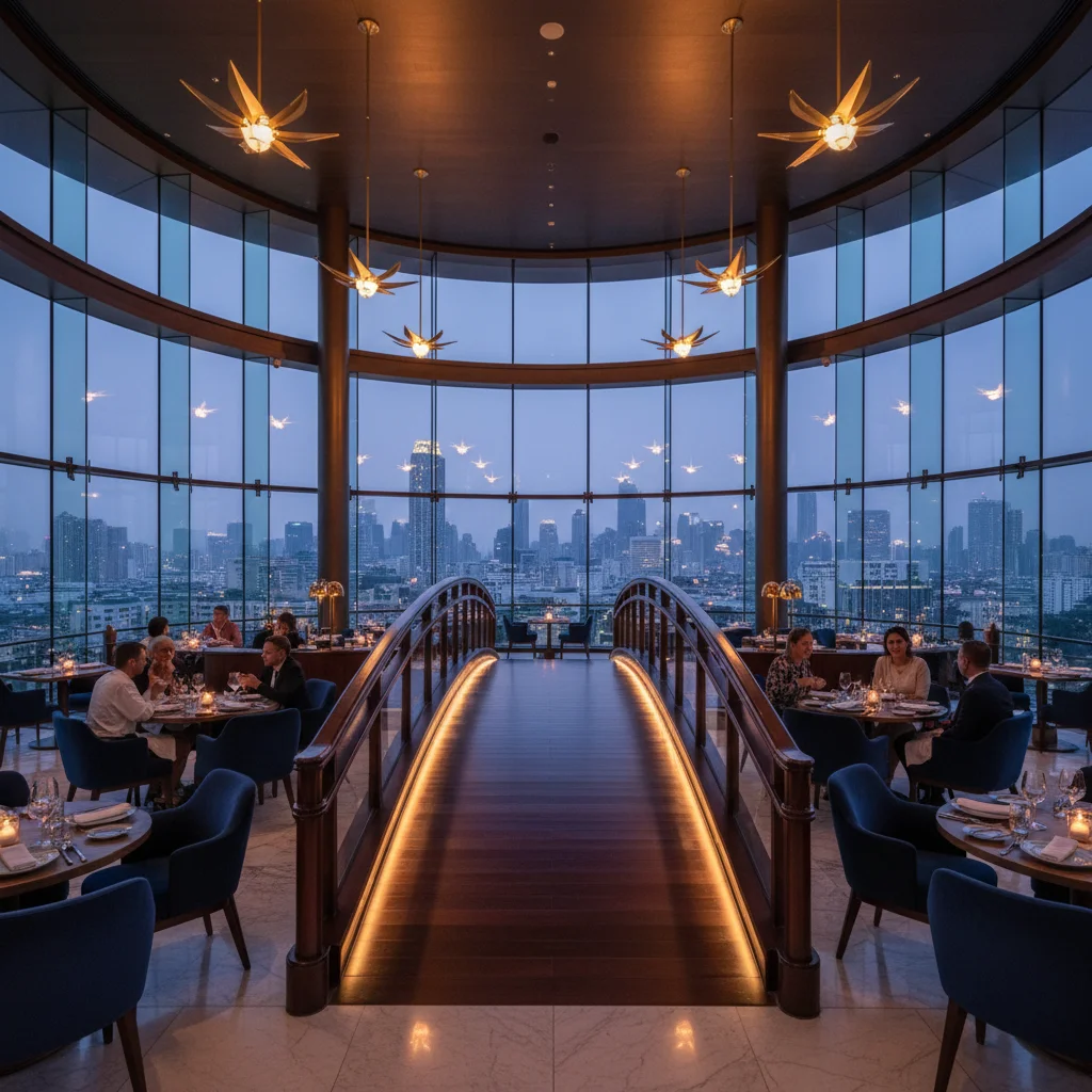 The interior of Nan Bei restaurant at Rosewood Bangkok, showing the elaborate art deco lighting, the curved bridge walkway inspired by the legend of the Weaver Girl and the Cowherd, and the floor-to-ceiling windows overlooking the city