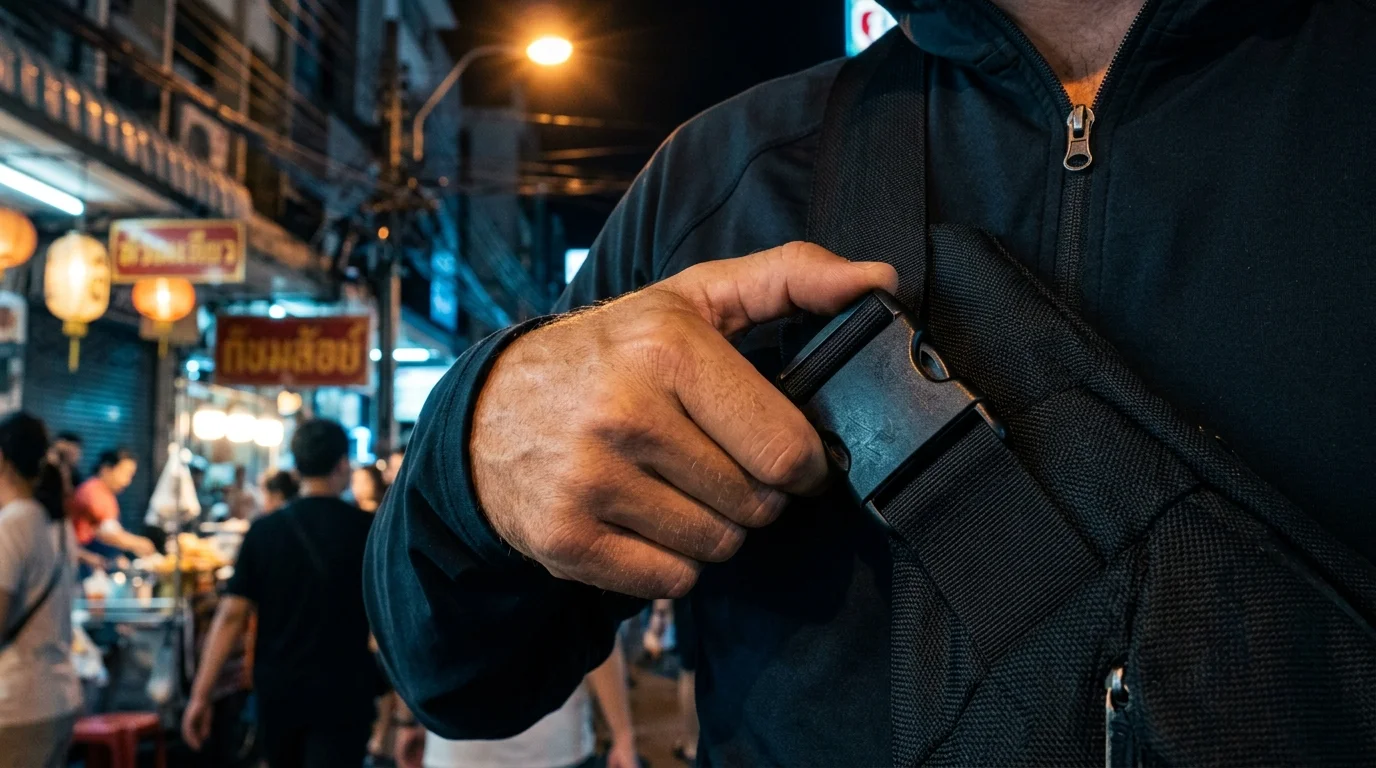 traveller's hand and cross-body bag