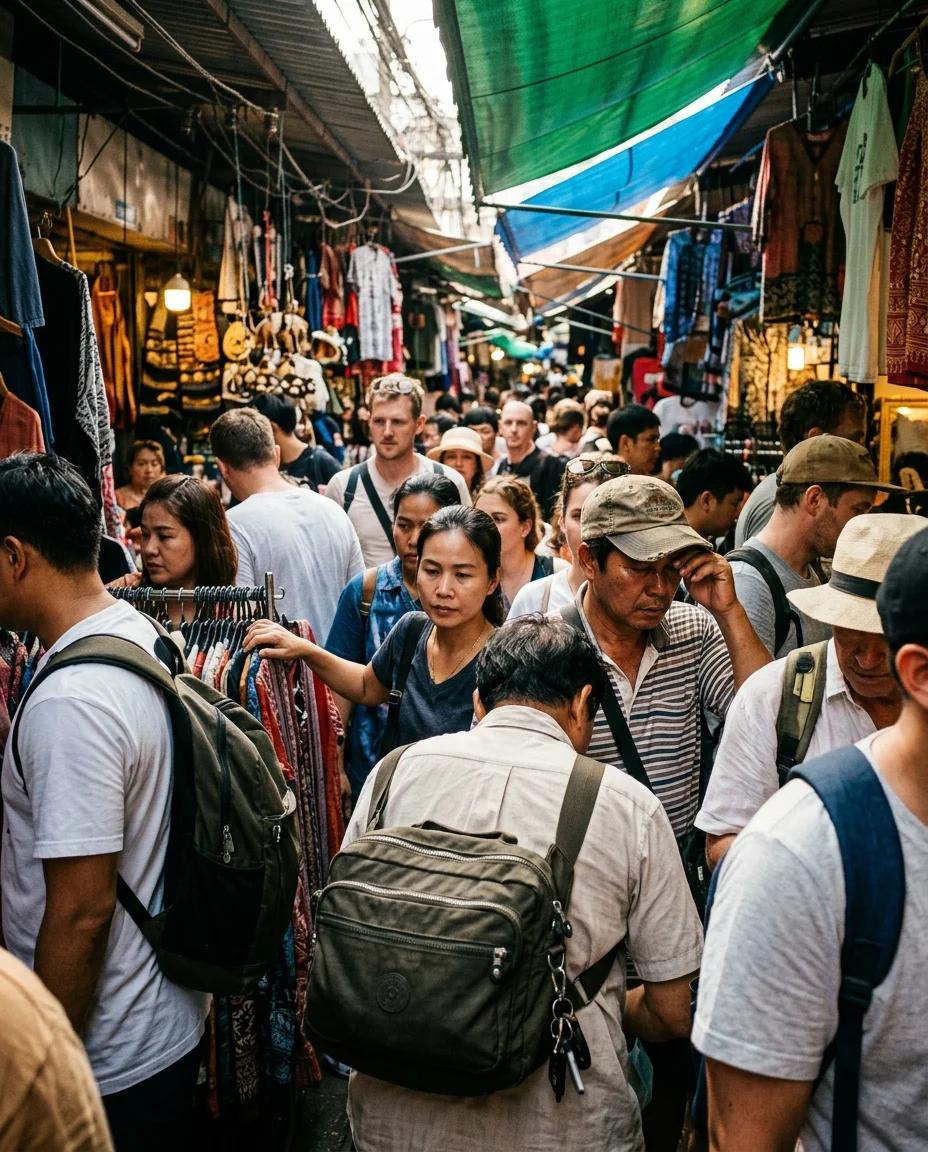 crowded market aisle and vulnerable belongings