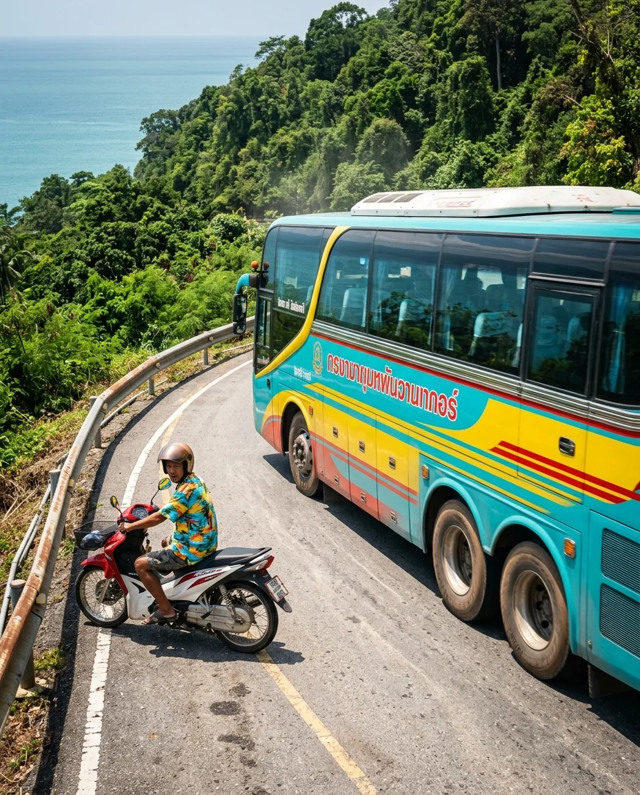 Large tour bus and motor scooter rider Large tour bus and motor scooter rider