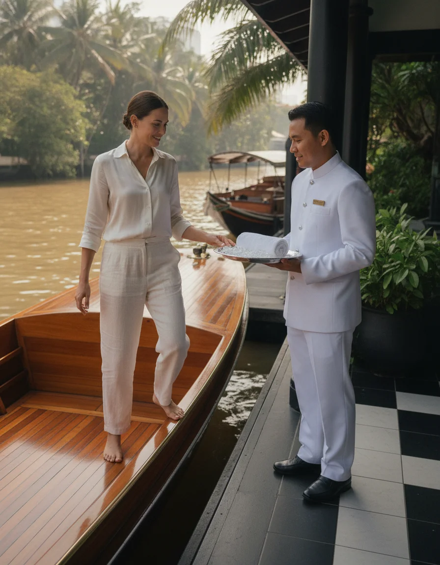 a practical or atmospheric scene at or near Siam Bangkok — a guest boarding the private teak wood boat at the hotel's shaded pier with a butler handing over a chilled towel