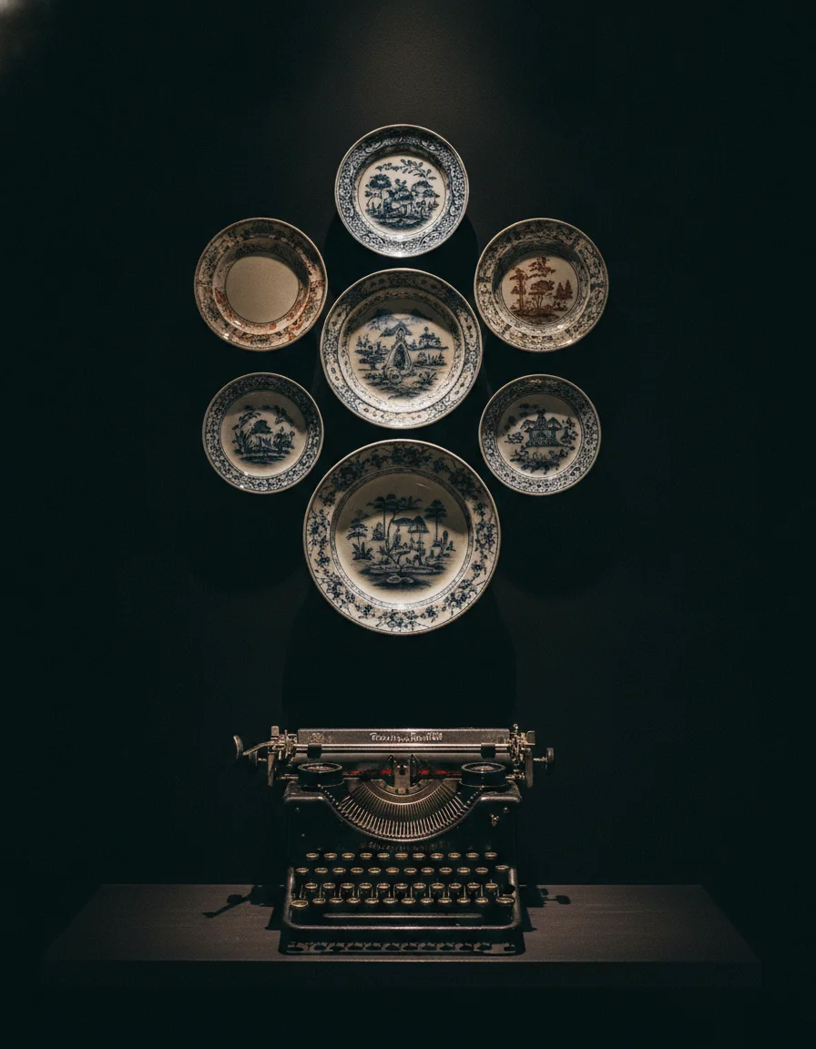 a detail shot of a standout feature, room, facility, or experience at Siam Bangkok — an intricate display of 19th-century ceramic plates mounted on a matte black wall above a vintage typewriter