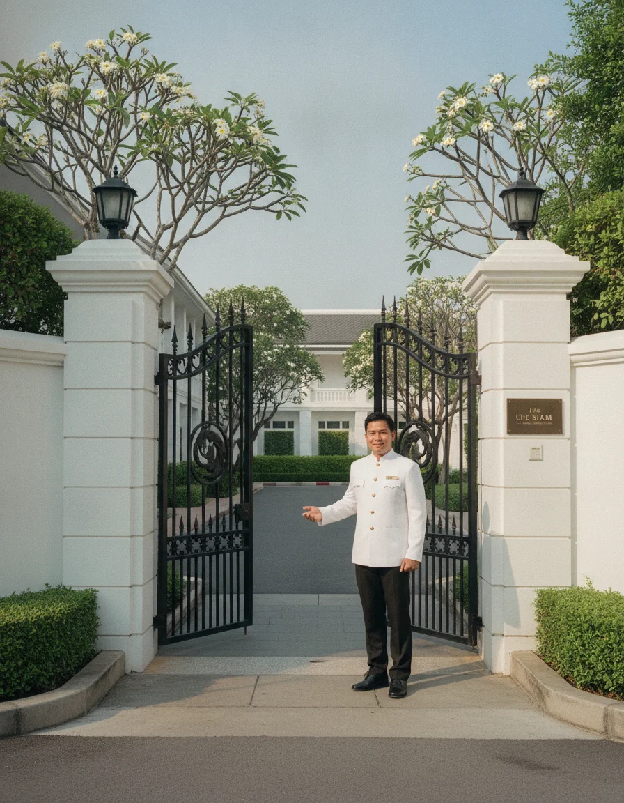 the approach, entrance, or surrounding area of Siam Bangkok — the quiet street entrance in the Dusit district with manicured trees, white-washed walls, and a uniformed doorman standing by the historic wrought-iron gates
