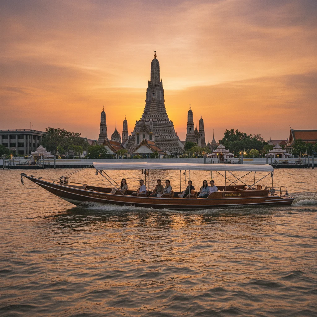 atmospheric shot showing the best feature or experience at Siam Bangkok — the hotel's custom-built wooden shuttle boat gliding smoothly past the Wat Arun temple on the Chao Phraya River during golden hour