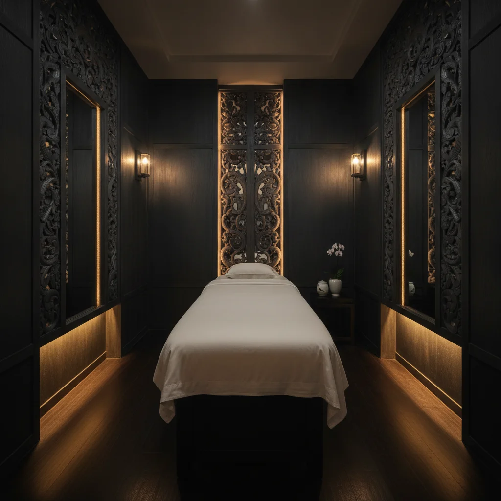 an interior or experiential shot showing the reality of this section's subject at Siam Bangkok — the Opium Spa's monochromatic treatment room featuring a dark wood massage table, subtle accent lighting, and hand-carved Thai mirrors on the wall