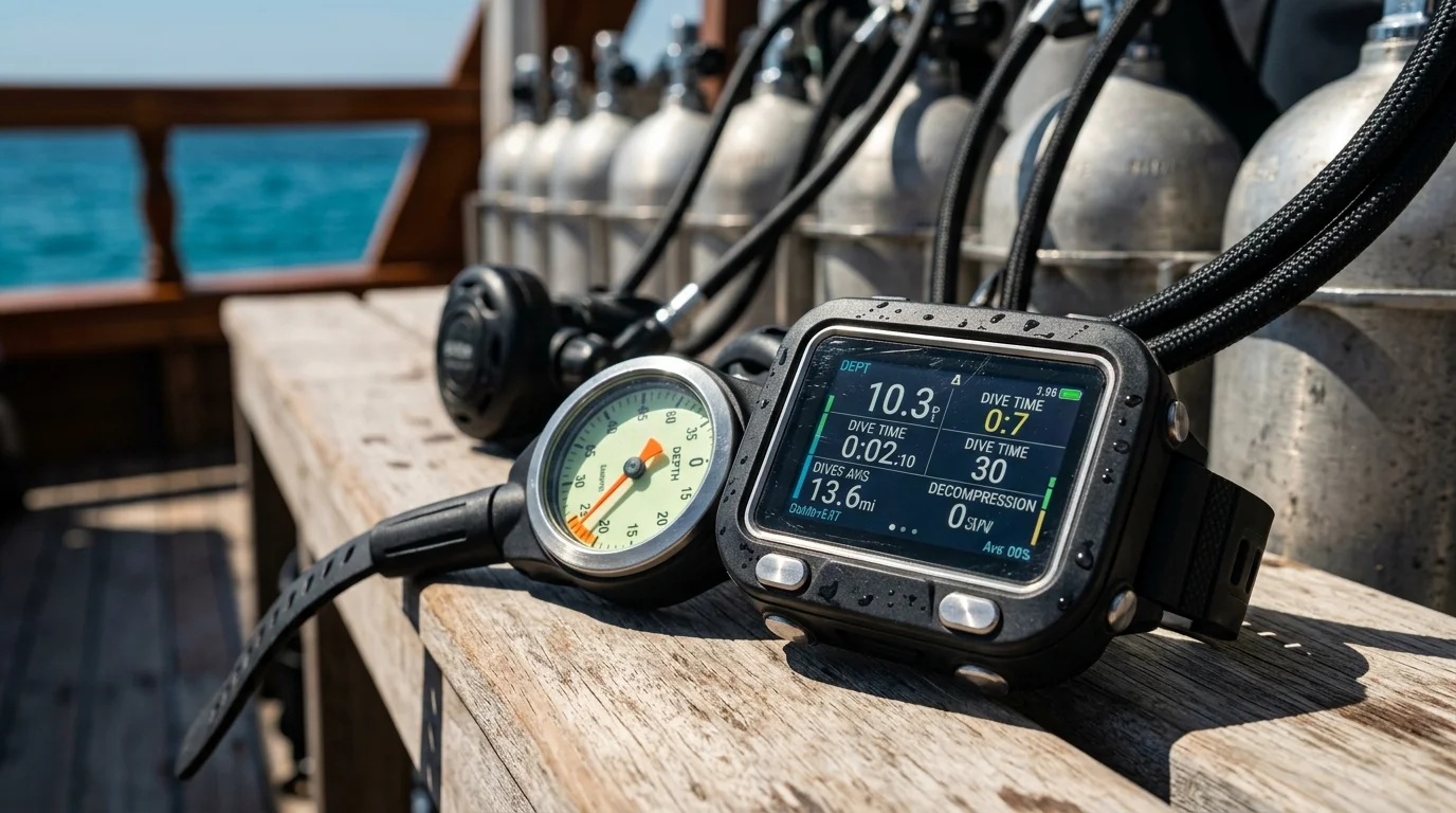 Diver's dive computer and analog depth gauge Diver's dive computer and analog depth gauge