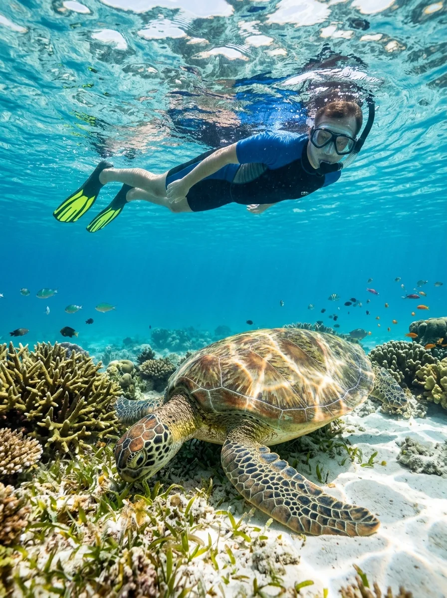 Snorkeler and Green Sea Turtle (Chelonia mydas) Snorkeler and Green Sea Turtle (Chelonia mydas)
